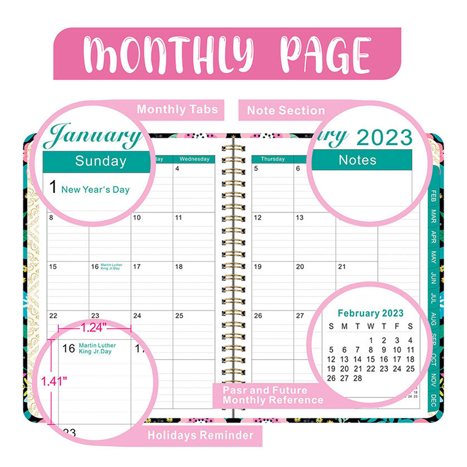 Agenda Journalier A7 Avec Reliure Marguerite Transparente - Inclut 8 Pochettes, 45 Feuilles Comptabilité, Stylo, Autocollants